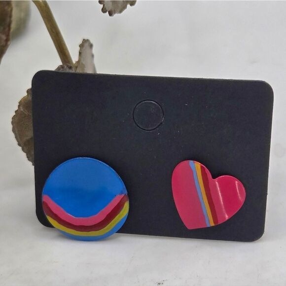 "5/$25" Mismatched Colorful Retro 80s Pop Art Circle/Heart Metal Stud Earrings - Picture 5 of 6